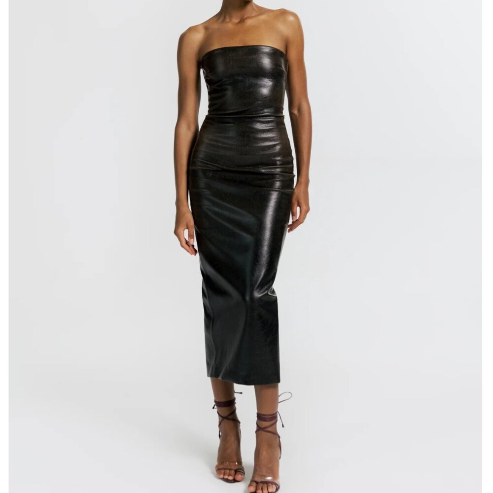 CULTNAKED Killa Dress in Burnt.  Strapless Bodycon midi vegan leather. Size M.